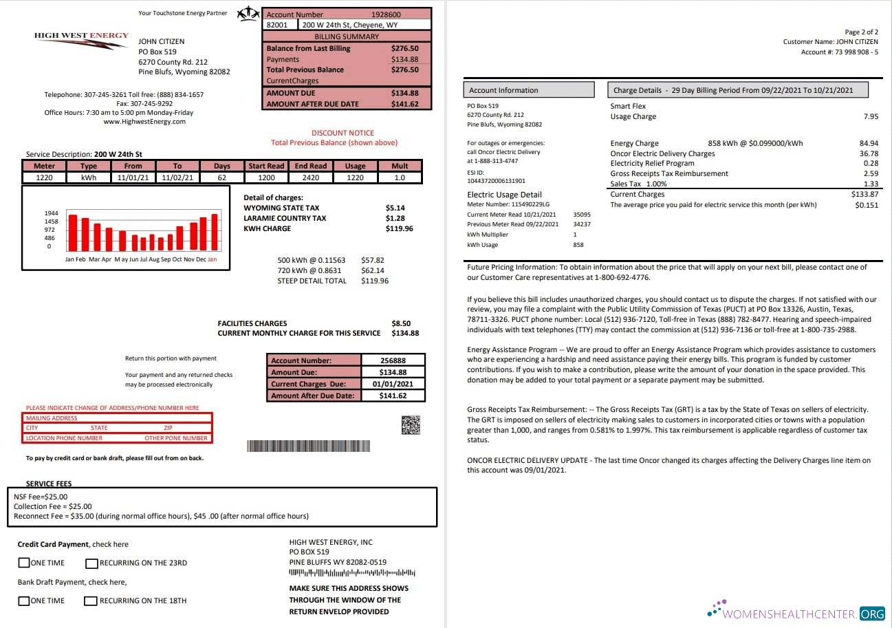 download USA Wyoming High West Energy utility bill in Word anf PDF format (2 pages) PDF template